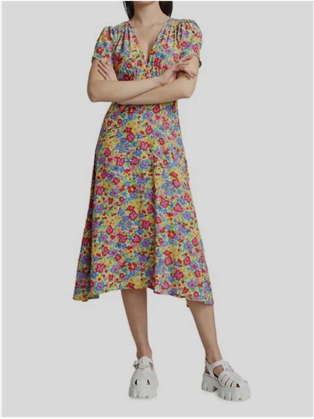 $200 Faithfull The Brand Women's Green Raphaela Floral MIDI-Dress Size 6